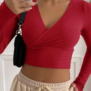 Surplice neck rib-knit crop tee